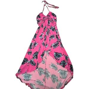 Pink Halter Maxi Dress with Leaf Print